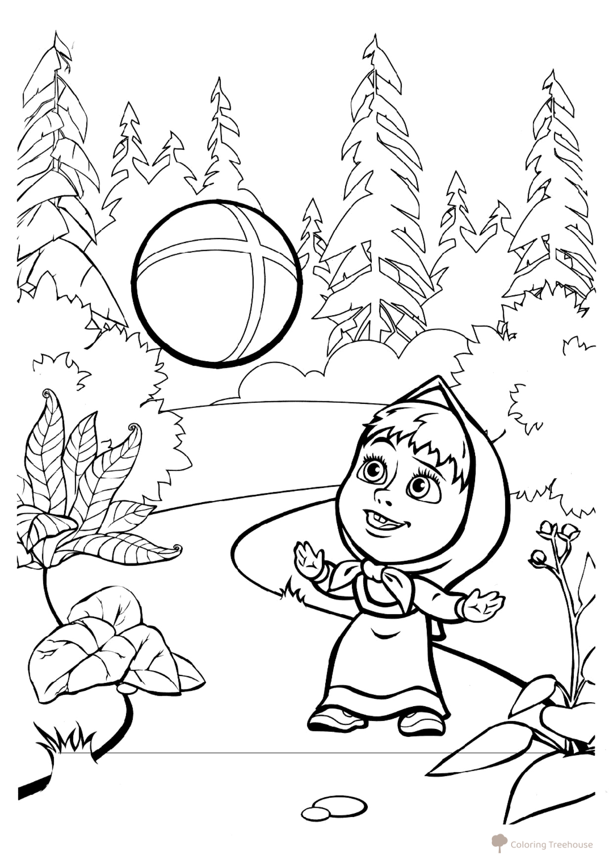 Masha Playing with a Ball Coloring Page free printable Masha and the Bear Coloring Pages coloring page