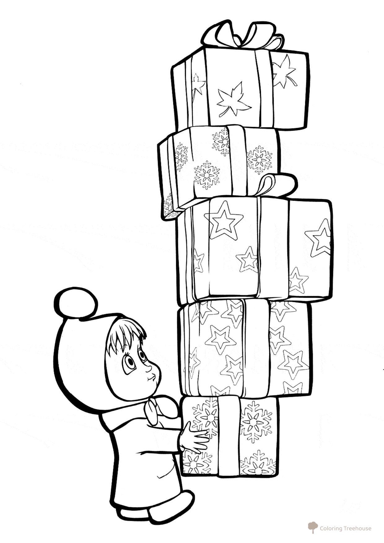 Masha Carrying Gift Boxes Coloring Page free printable Masha and the Bear Coloring Pages coloring page