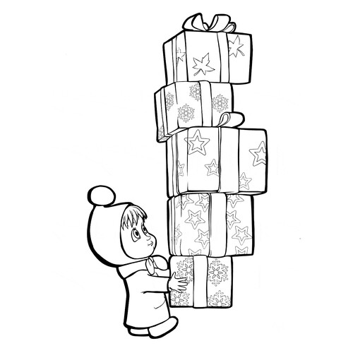 Masha Carrying Gift Boxes Coloring Page free printable Masha and the Bear Coloring Pages coloring page