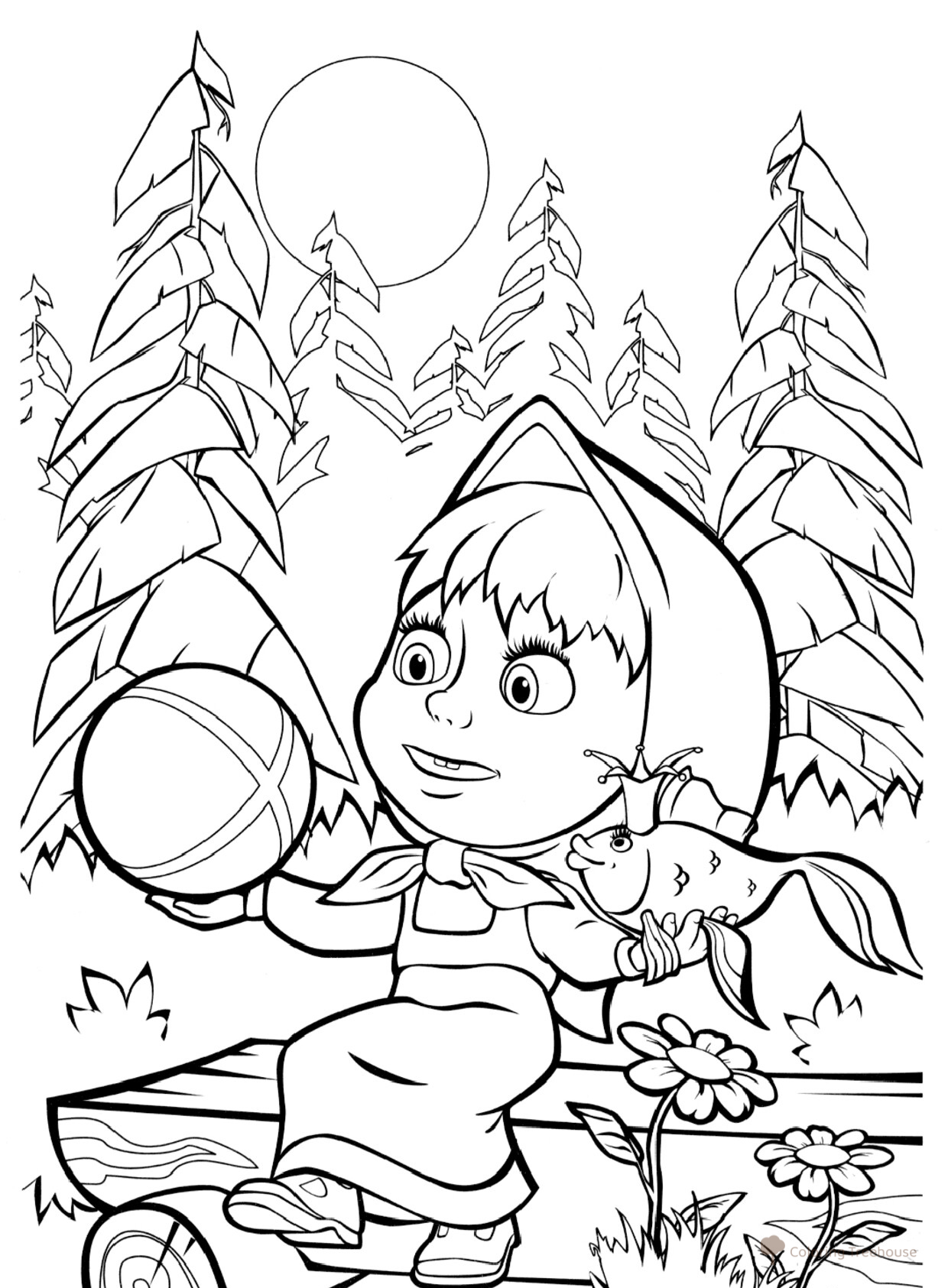 Masha with Fish and Ball Coloring Page free printable Masha and the Bear Coloring Pages coloring page