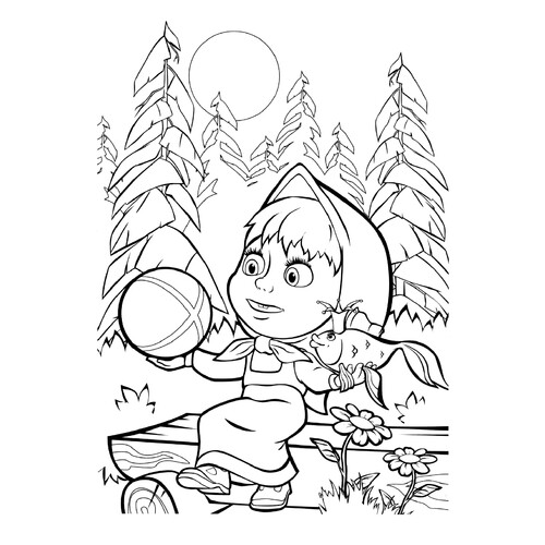 Masha with Fish and Ball Coloring Page free printable Masha and the Bear Coloring Pages coloring page