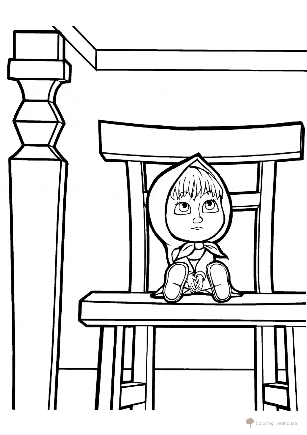 Masha sentada en una sillita - página para colorear dibujo para colorear gratis de Páginas para colorear de Masha y el Oso