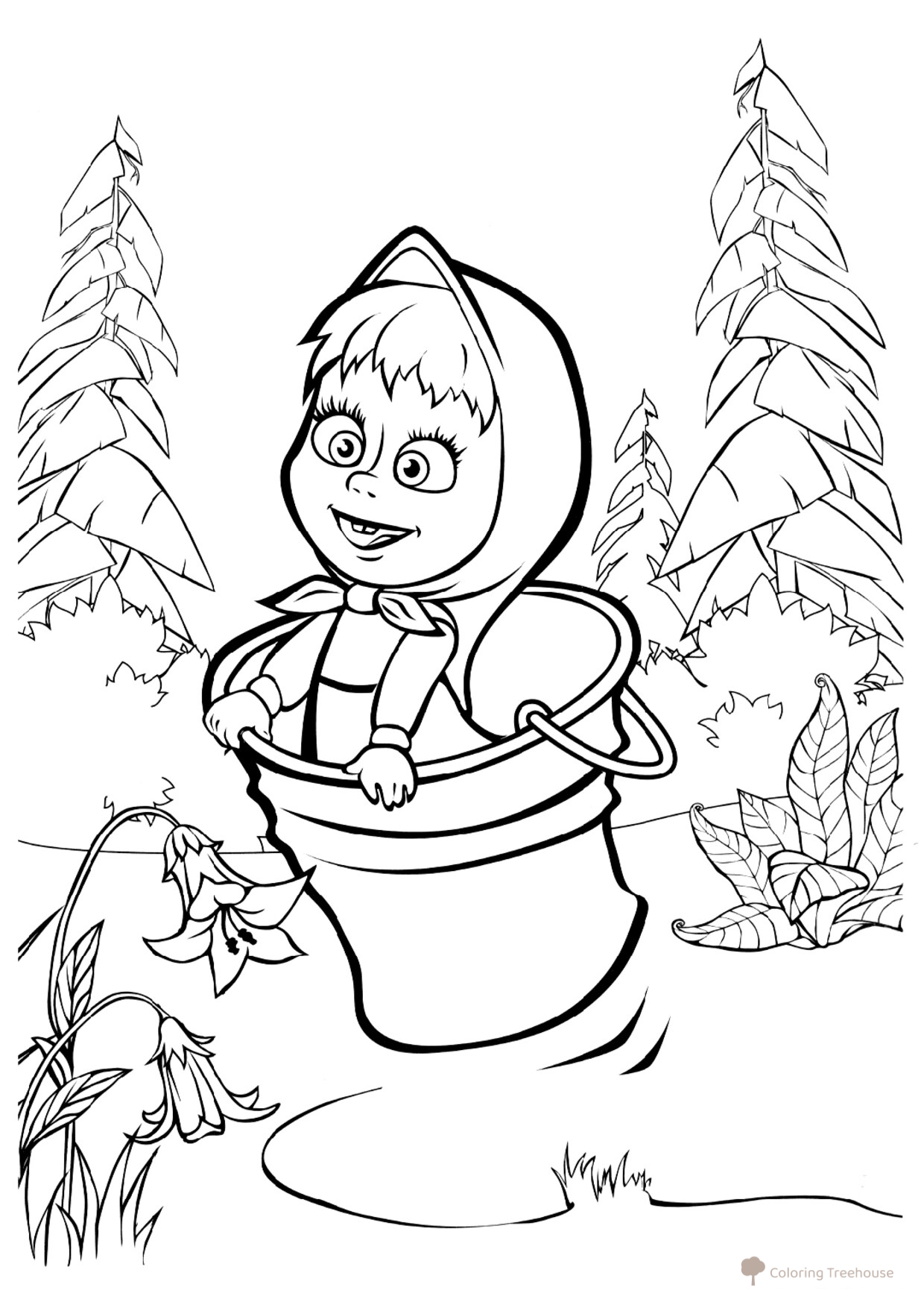 Masha Jumping in a Bucket Coloring Page free printable Masha and the Bear Coloring Pages coloring page