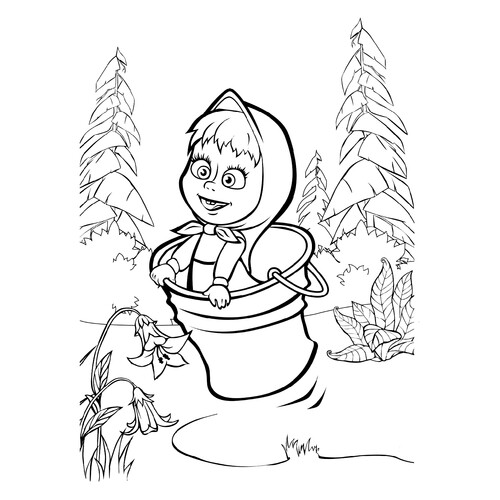 Masha Jumping in a Bucket Coloring Page free printable Masha and the Bear Coloring Pages coloring page