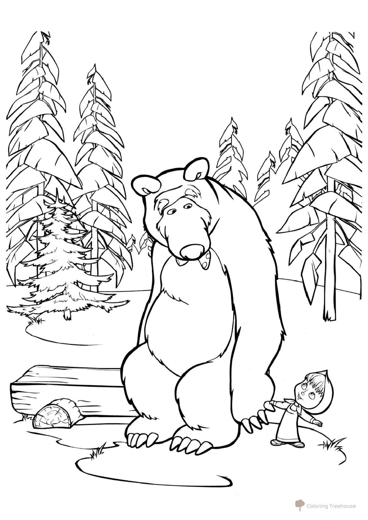 Masha arrastra al oso - página para colorear dibujo para colorear gratis de Páginas para colorear de Masha y el Oso