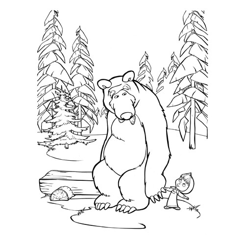 Masha arrastra al oso - página para colorear dibujo para colorear gratis de Páginas para colorear de Masha y el Oso