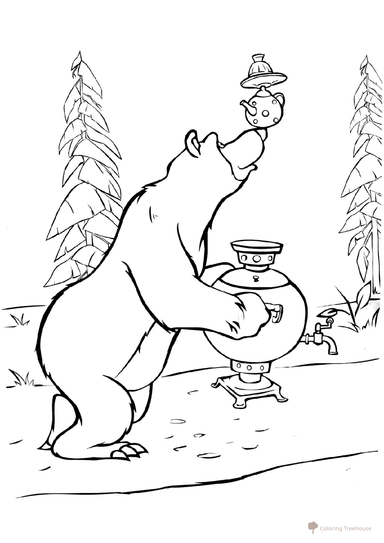 Bear and Samovar Coloring Page free printable Masha and the Bear Coloring Pages coloring page