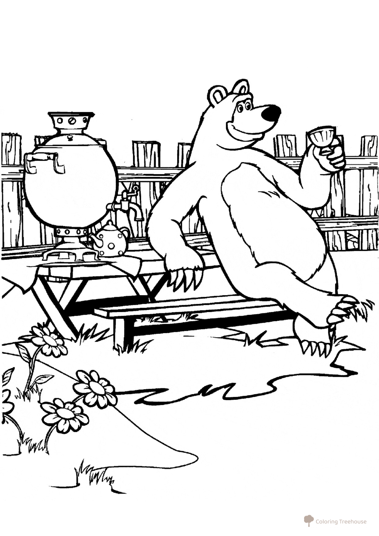 Página para colorear: el oso Misha tomando té dibujo para colorear gratis de Páginas para colorear de Masha y el Oso