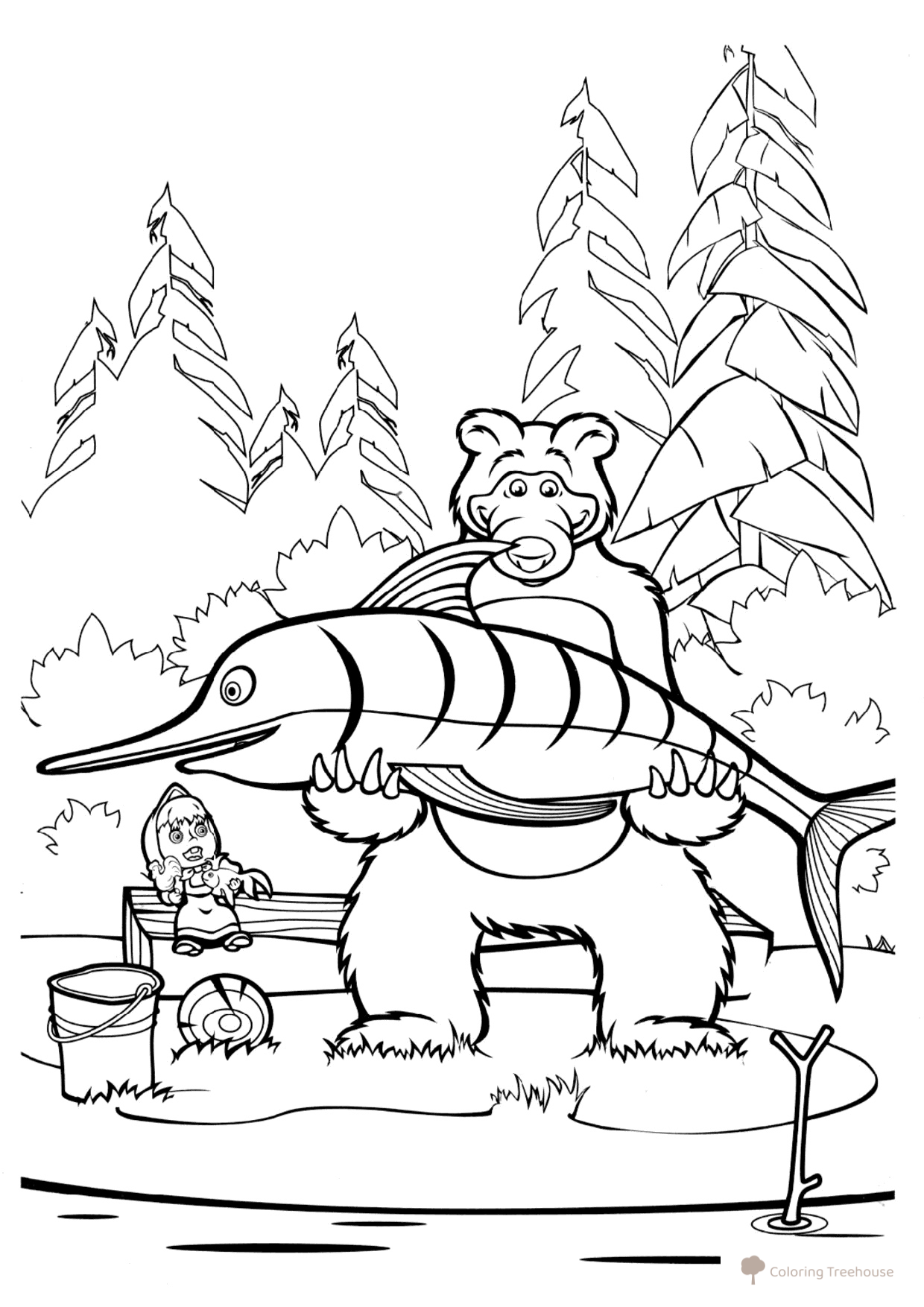 Dibujo para colorear: El oso atrapó un pez enorme dibujo para colorear gratis de Páginas para colorear de Masha y el Oso