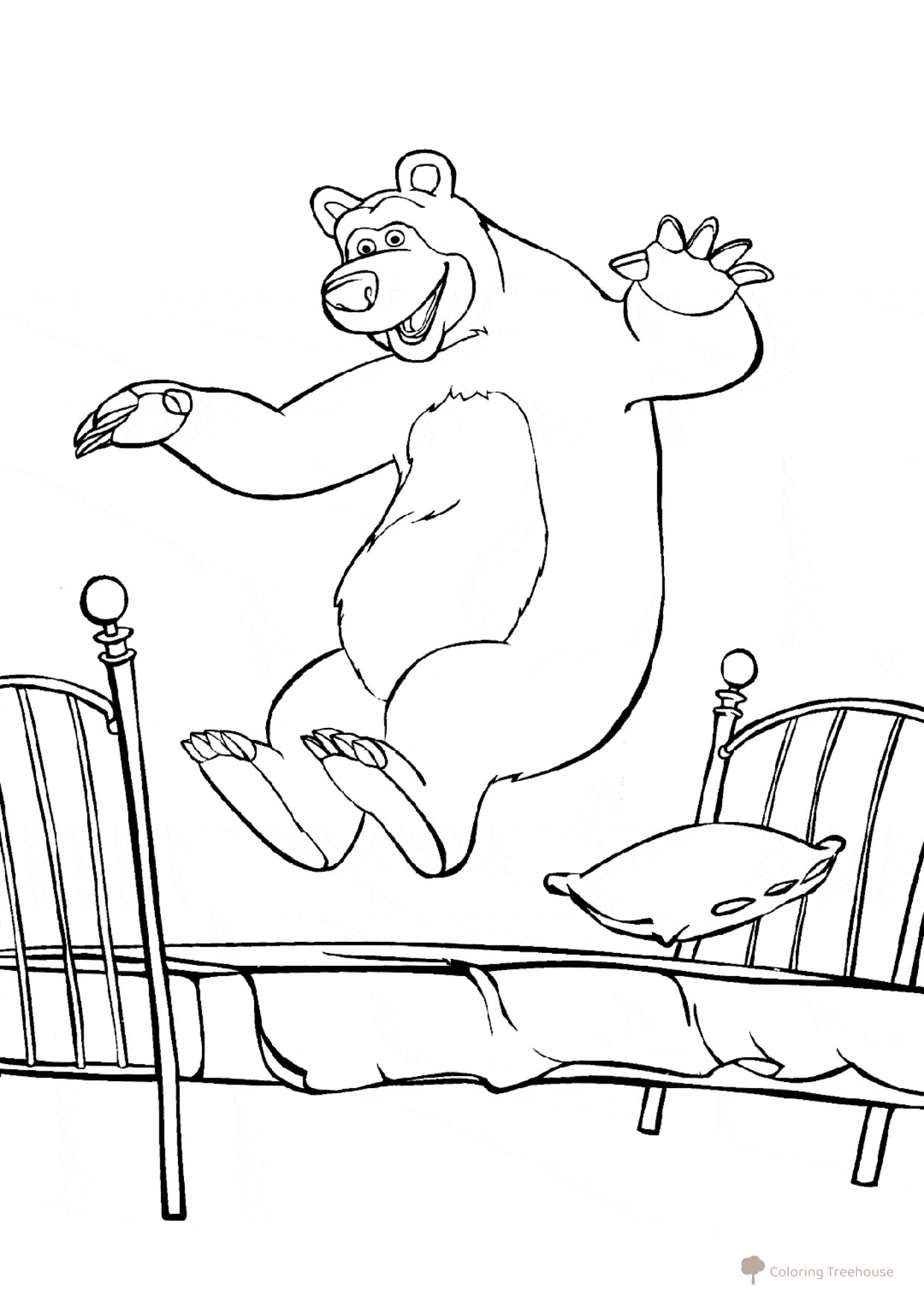 Dibujo para colorear: Oso saltando en la cama dibujo para colorear gratis de Páginas para colorear de Masha y el Oso