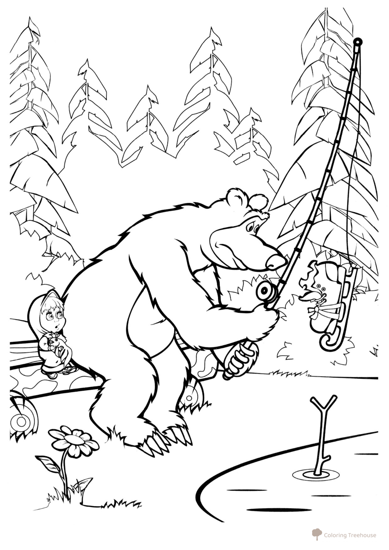 The Bear's Unexpected Catch Coloring Page free printable Masha and the Bear Coloring Pages coloring page