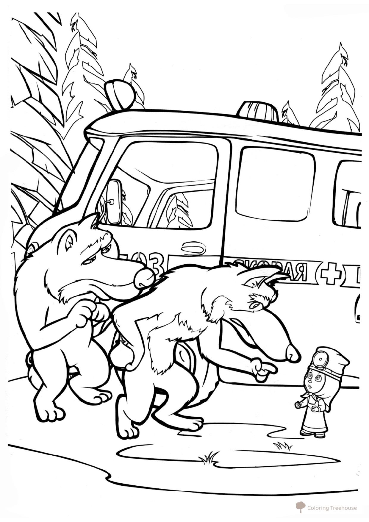 Libro para colorear: Los lobos y la enfermera Masha dibujo para colorear gratis de Páginas para colorear de Masha y el Oso