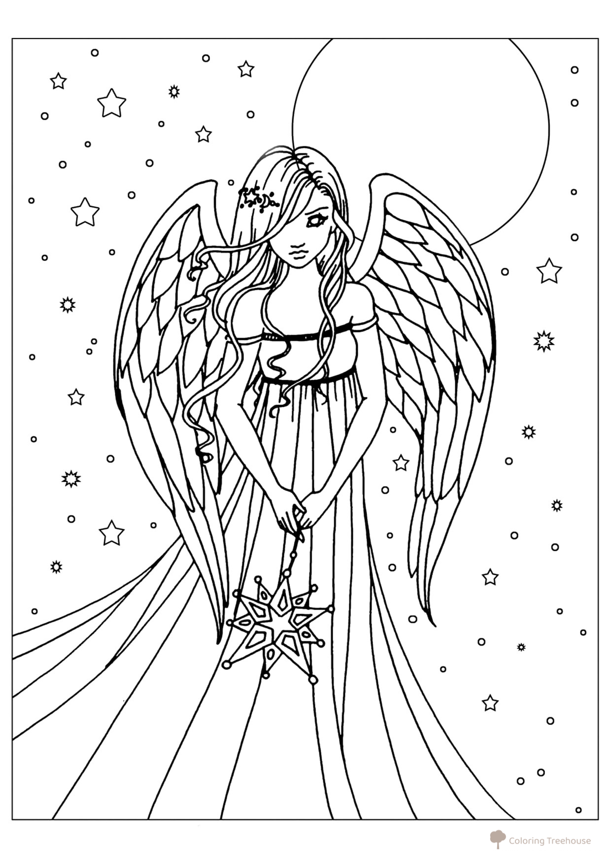 Ángel con estrella sobre la luna - Página para colorear dibujo para colorear gratis de Páginas para colorear de ángeles