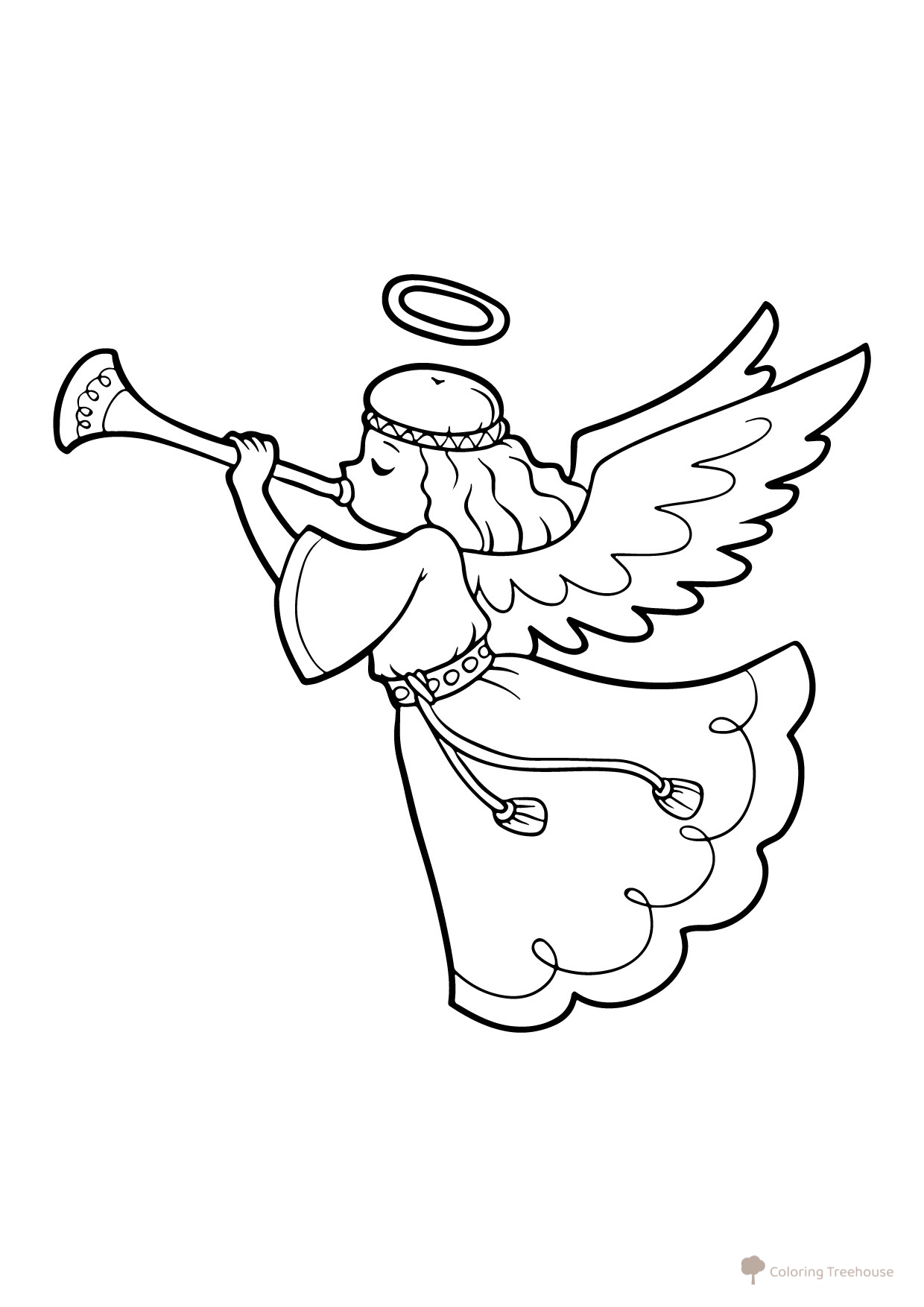 Página para colorear: Angelito con su flautita dibujo para colorear gratis de Páginas para colorear de ángeles