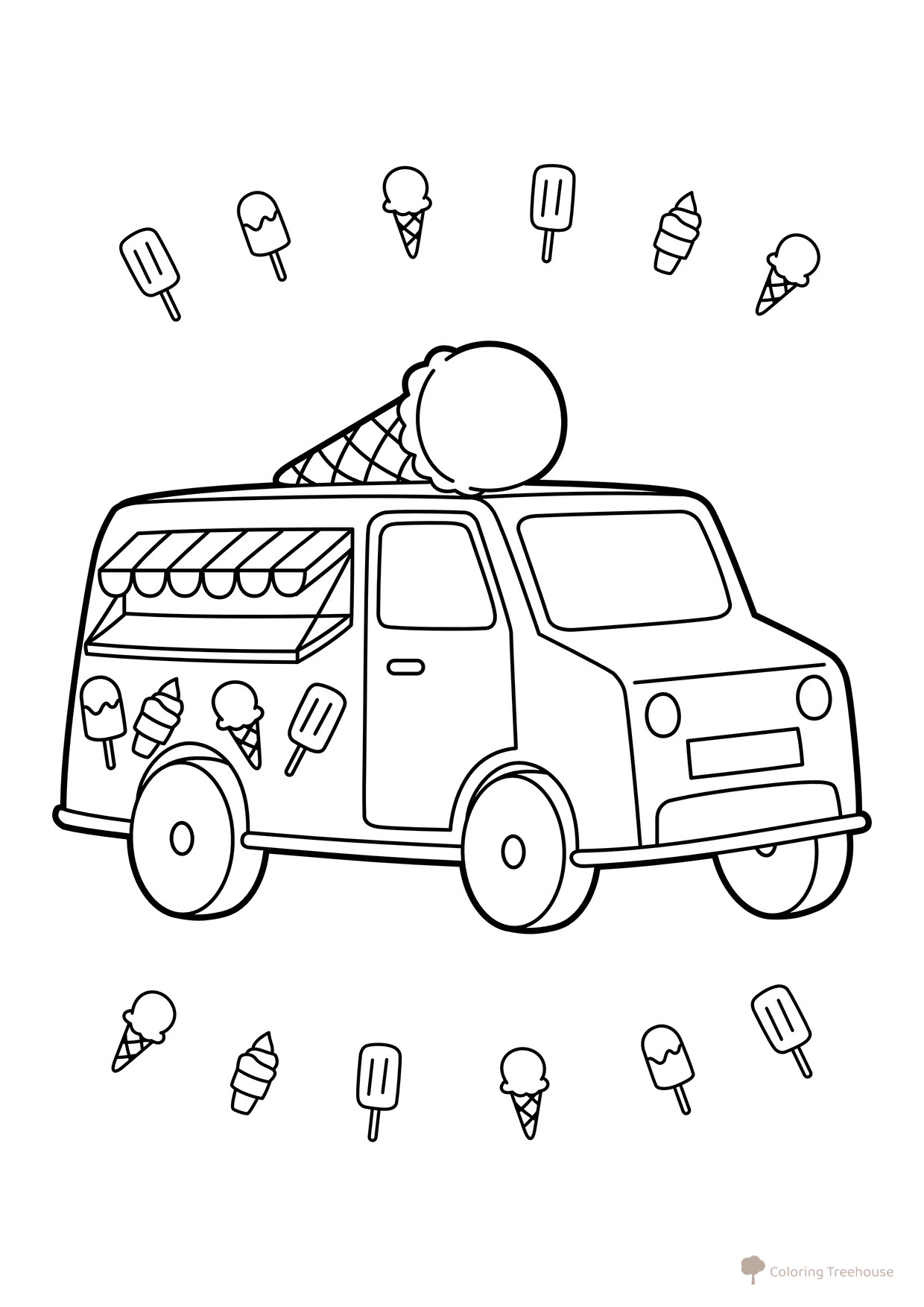 Página para colorear «Furgoncito con helado» dibujo para colorear gratis de Dibujos para colorear de coches
