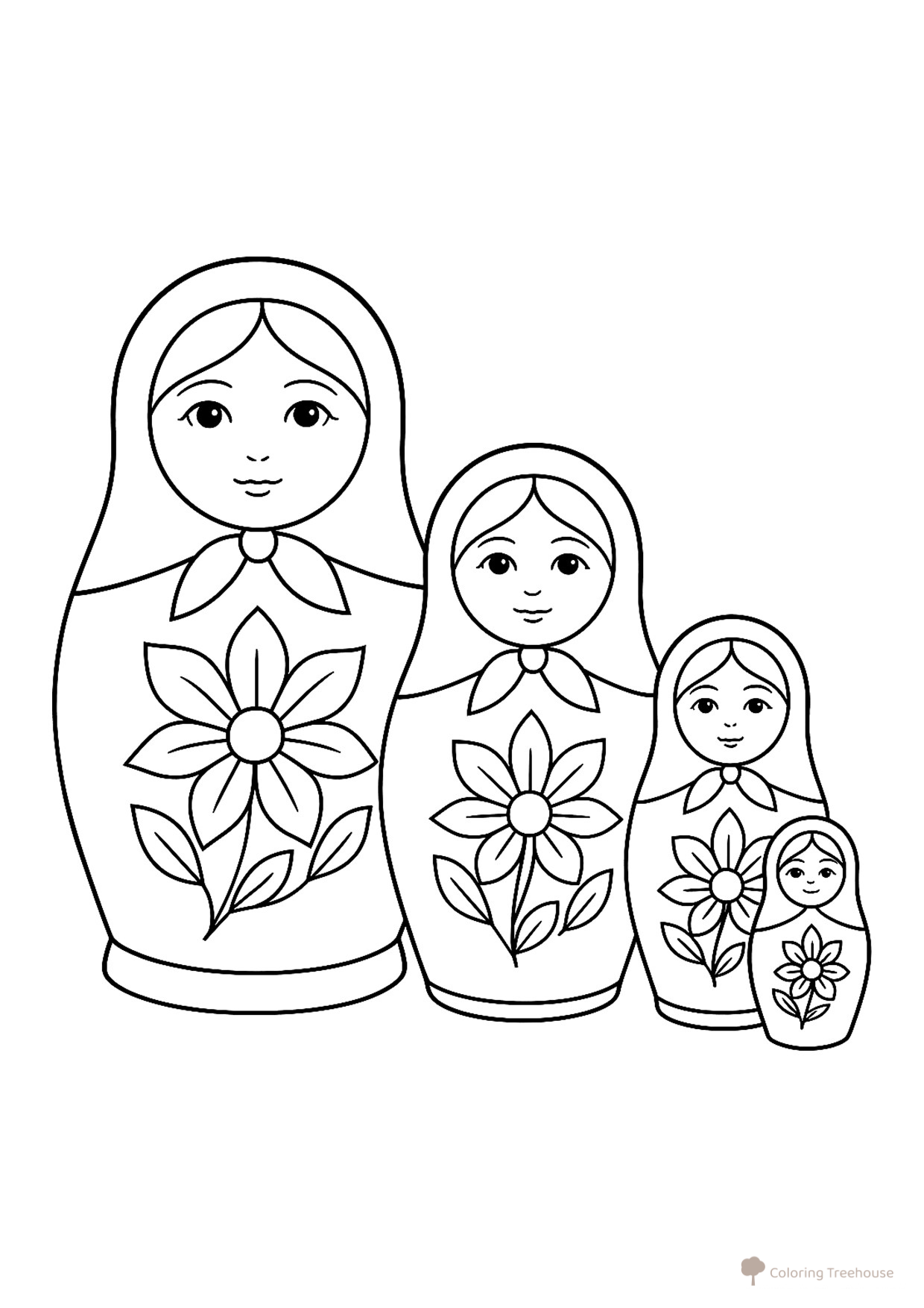 Coloring Page: Four Matryoshka Dolls with Flowers free printable Matryoshka Coloring Pages coloring page