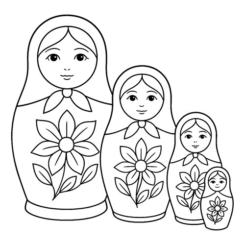 Coloring Page: Four Matryoshka Dolls with Flowers free printable Matryoshka Coloring Pages coloring page