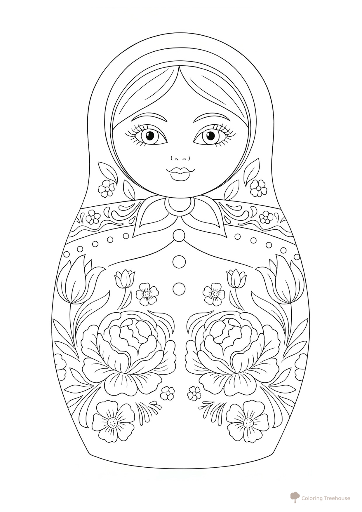Matryoshka with Two Peonies Coloring Page free printable Matryoshka Coloring Pages coloring page