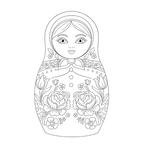 Matryoshka with Two Peonies Coloring Page free printable Matryoshka Coloring Pages coloring page