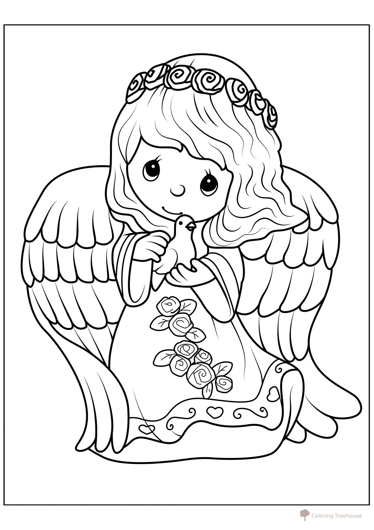 Charming Angel with Dove Coloring Page free printable Angel Coloring Pages coloring page