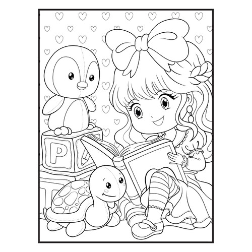 Página para colorear «Niña anime leyendo un libro a sus juguetes» dibujo para colorear gratis de Cute Coloring Pages