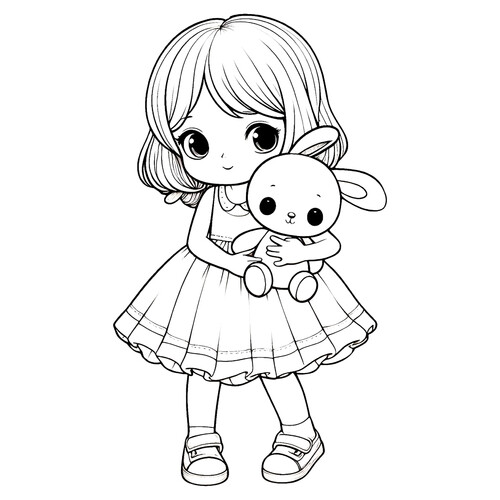 Página para colorear «Chica anime y conejito» dibujo para colorear gratis de Cute Coloring Pages