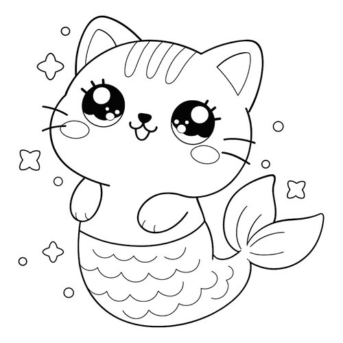 Página para colorear «Gato sirena estilo anime» dibujo para colorear gratis de Cute Coloring Pages