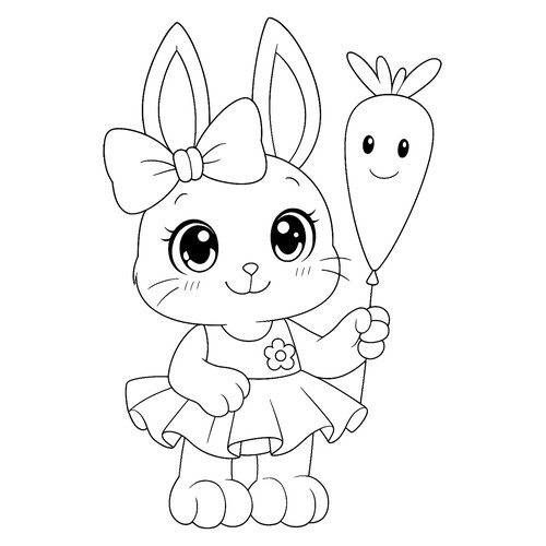 Página para colorear «Conejita anime con globo-zanahoria» dibujo para colorear gratis de Cute Coloring Pages