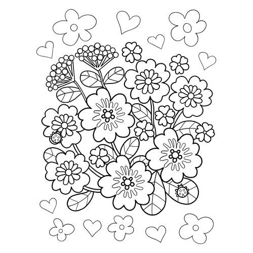 Página para colorear «Ramo de flores y mariquitas» dibujo para colorear gratis de Cute Coloring Pages