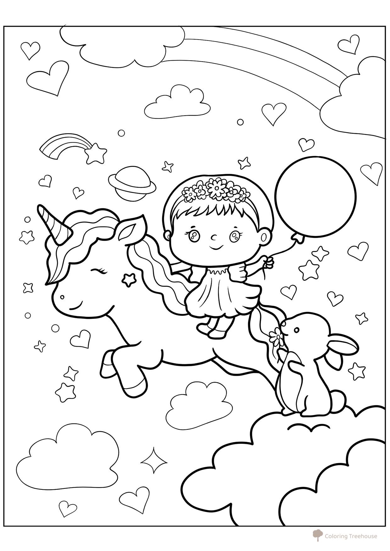 Girl on a Unicorn and Bunny Coloring Page free printable Cute Coloring Pages coloring page