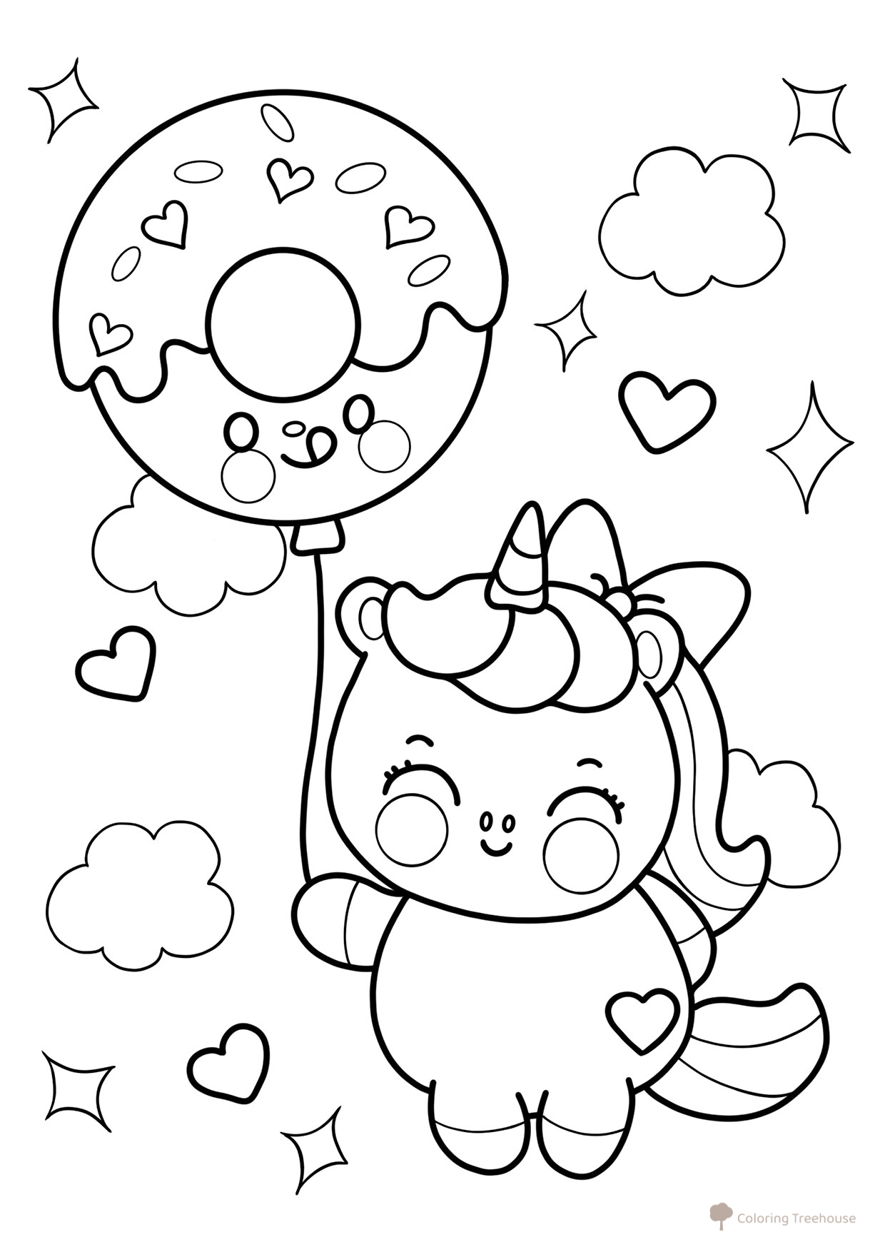 Página para colorear «Unicornio y dona» dibujo para colorear gratis de Cute Coloring Pages