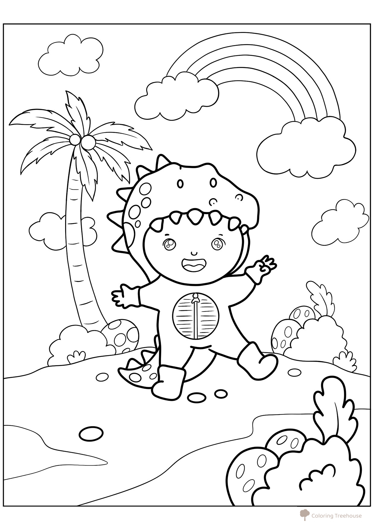 Página para colorear «Niño con traje de dinosaurio» dibujo para colorear gratis de Cute Coloring Pages