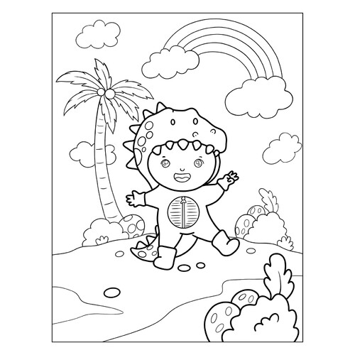Página para colorear «Niño con traje de dinosaurio» dibujo para colorear gratis de Cute Coloring Pages