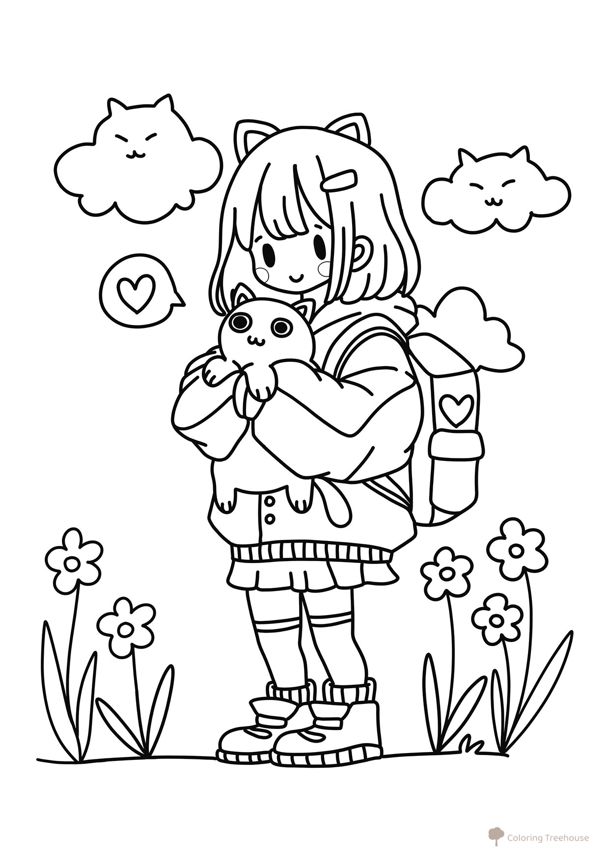 Cute Girl with Kitten Coloring Page free printable Cute Coloring Pages coloring page