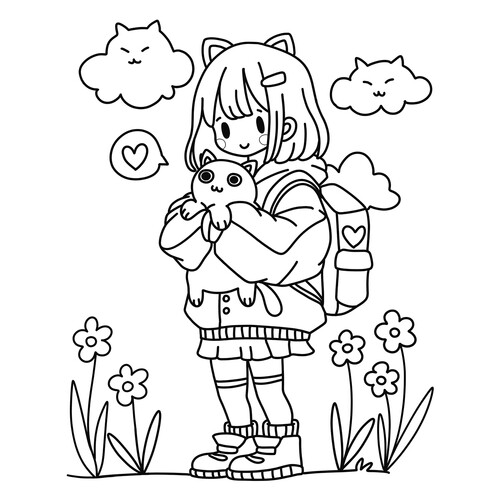 Cute Girl with Kitten Coloring Page free printable Cute Coloring Pages coloring page