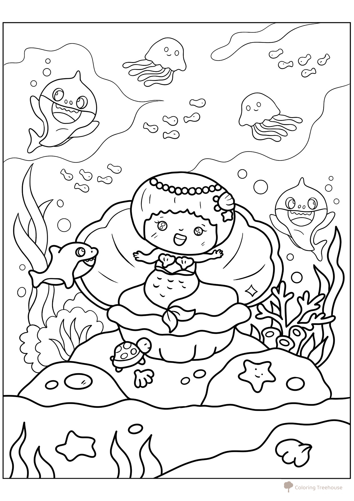 Página para colorear «La linda sirenita en el mundo submarino» dibujo para colorear gratis de Cute Coloring Pages