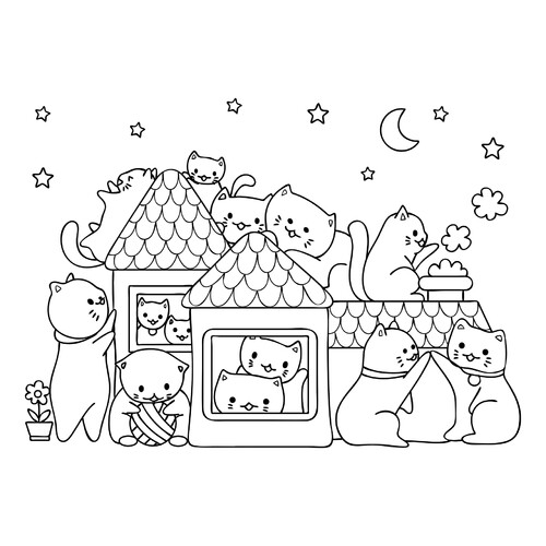 Página para colorear: Linda familia de gatitos dibujo para colorear gratis de Cute Coloring Pages