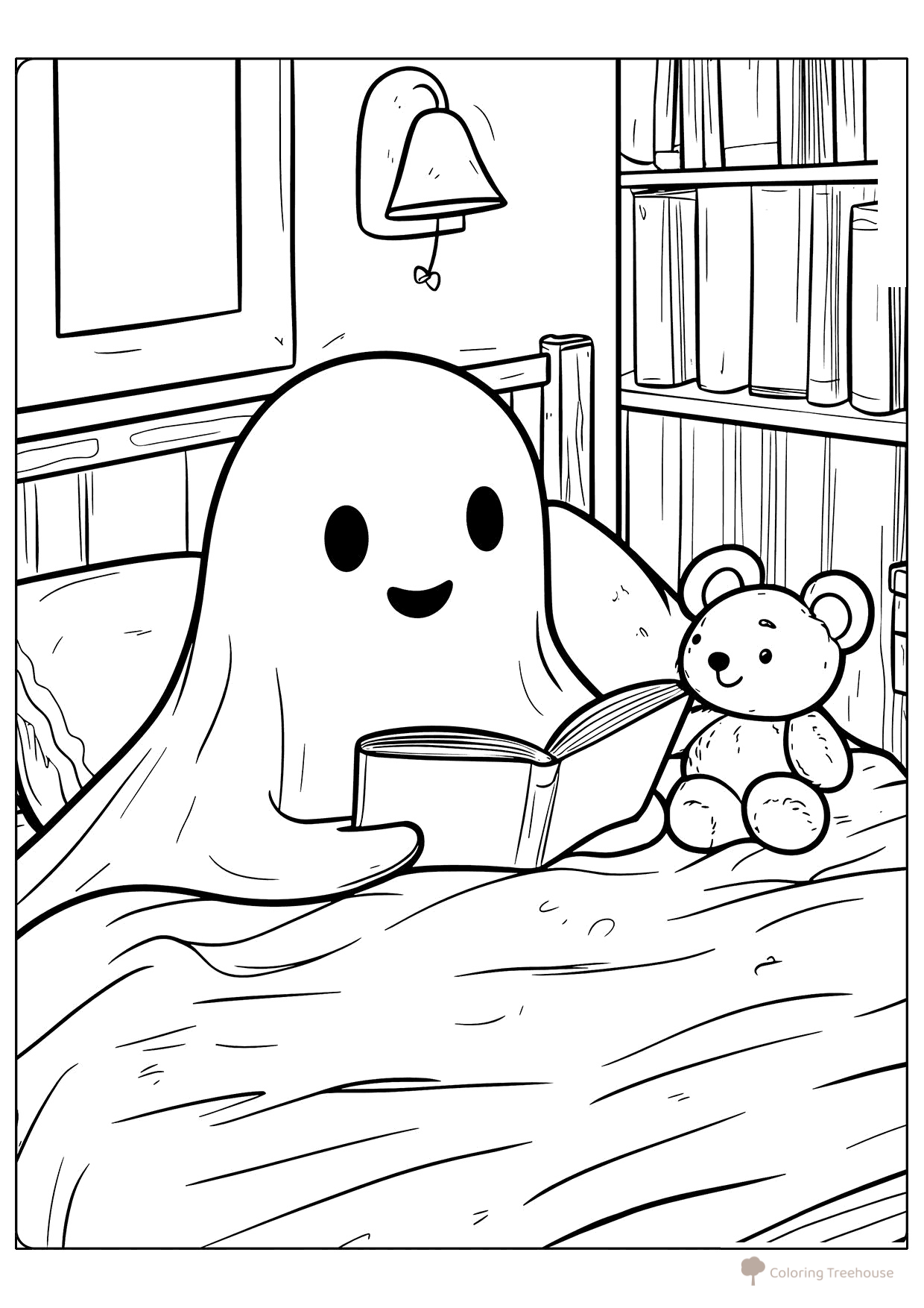 Página para colorear «Un simpático fantasma lee un libro» dibujo para colorear gratis de Cute Coloring Pages