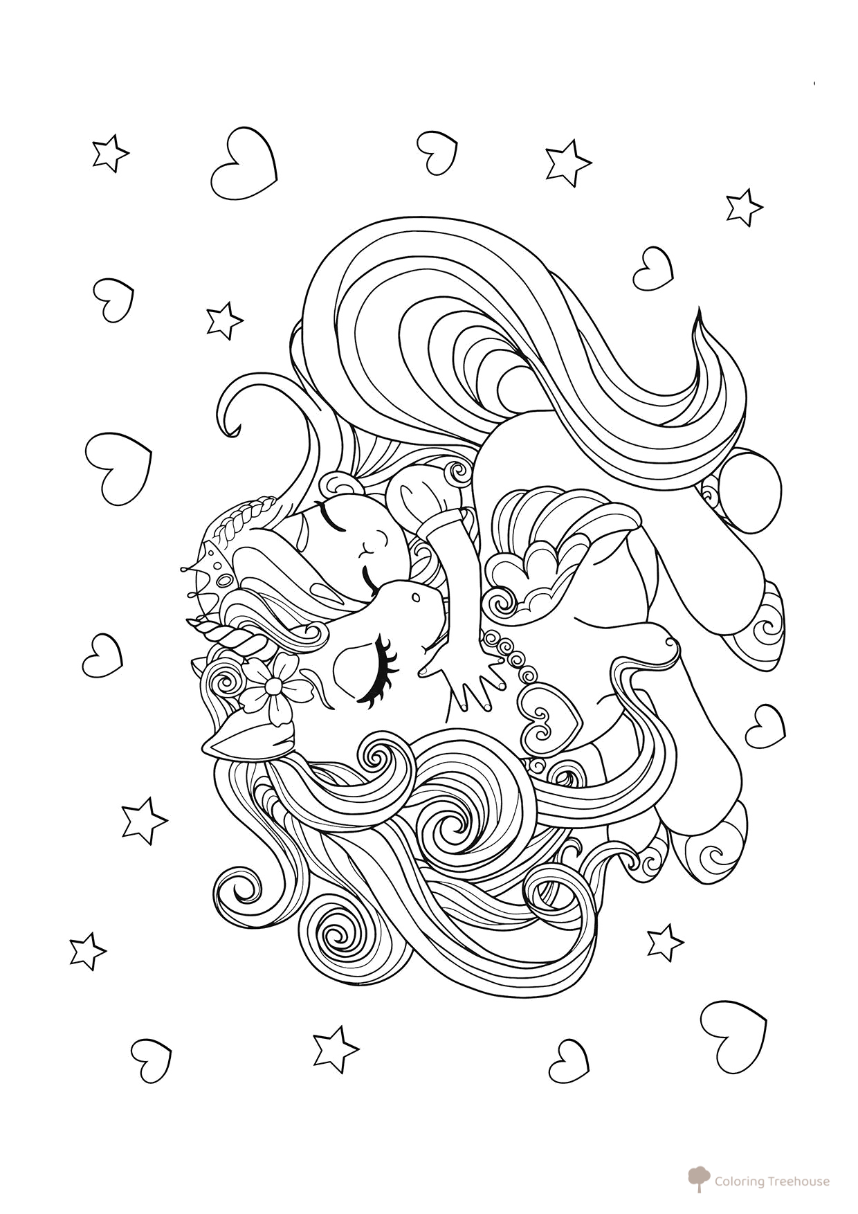 Cute Girl and Unicorn Coloring Page free printable Cute Coloring Pages coloring page