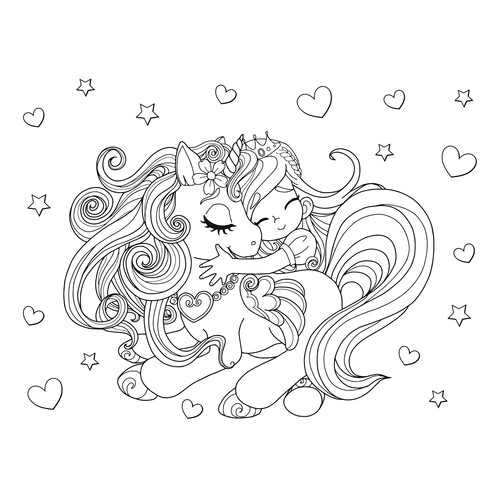 Cute Girl and Unicorn Coloring Page free printable Cute Coloring Pages coloring page
