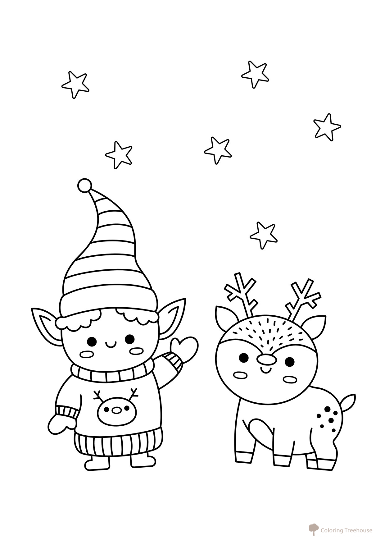 Cute Elf and Fawn Coloring Page free printable Cute Coloring Pages coloring page
