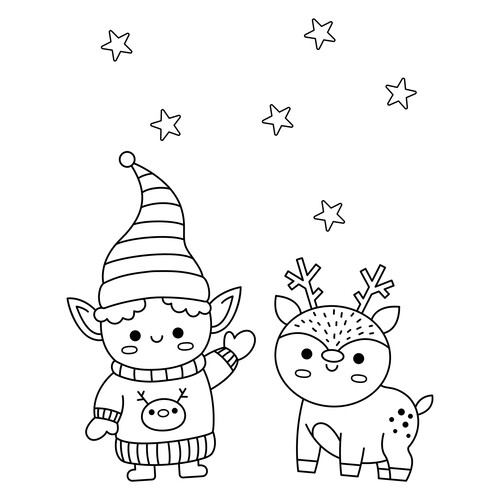 Cute Elf and Fawn Coloring Page free printable Cute Coloring Pages coloring page