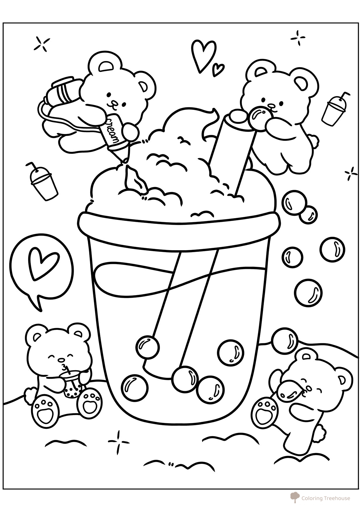 Página para colorear «Tiernos ositos y Bubble tea» dibujo para colorear gratis de Cute Coloring Pages