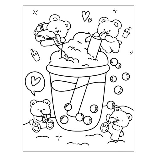 Página para colorear «Tiernos ositos y Bubble tea» dibujo para colorear gratis de Cute Coloring Pages