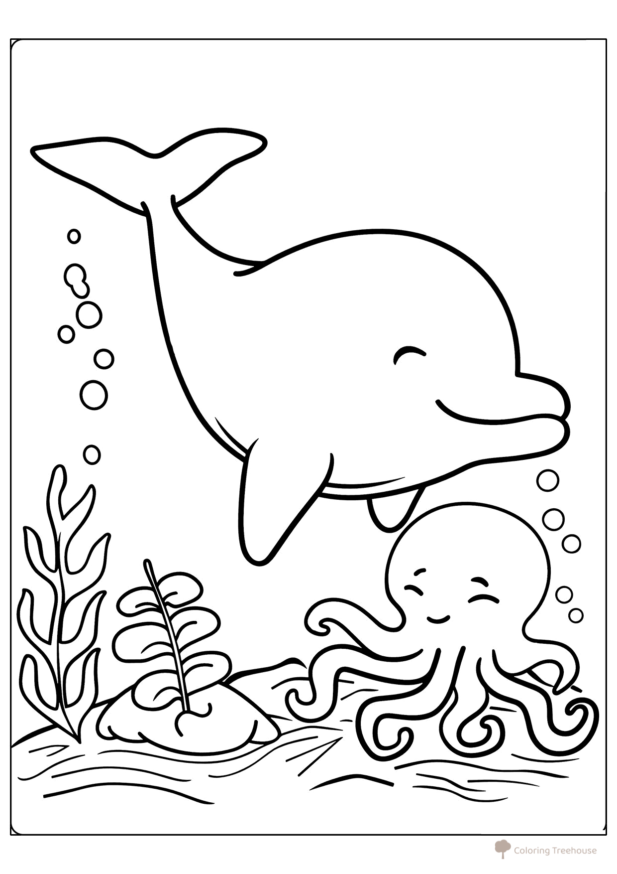 Página para colorear «Tiernos octópodo y delfín» dibujo para colorear gratis de Cute Coloring Pages