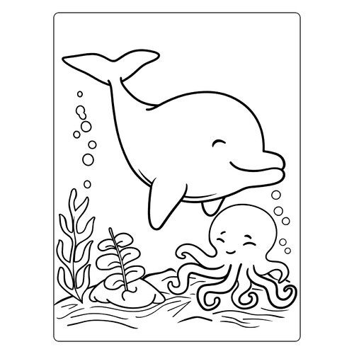 Página para colorear «Tiernos octópodo y delfín» dibujo para colorear gratis de Cute Coloring Pages
