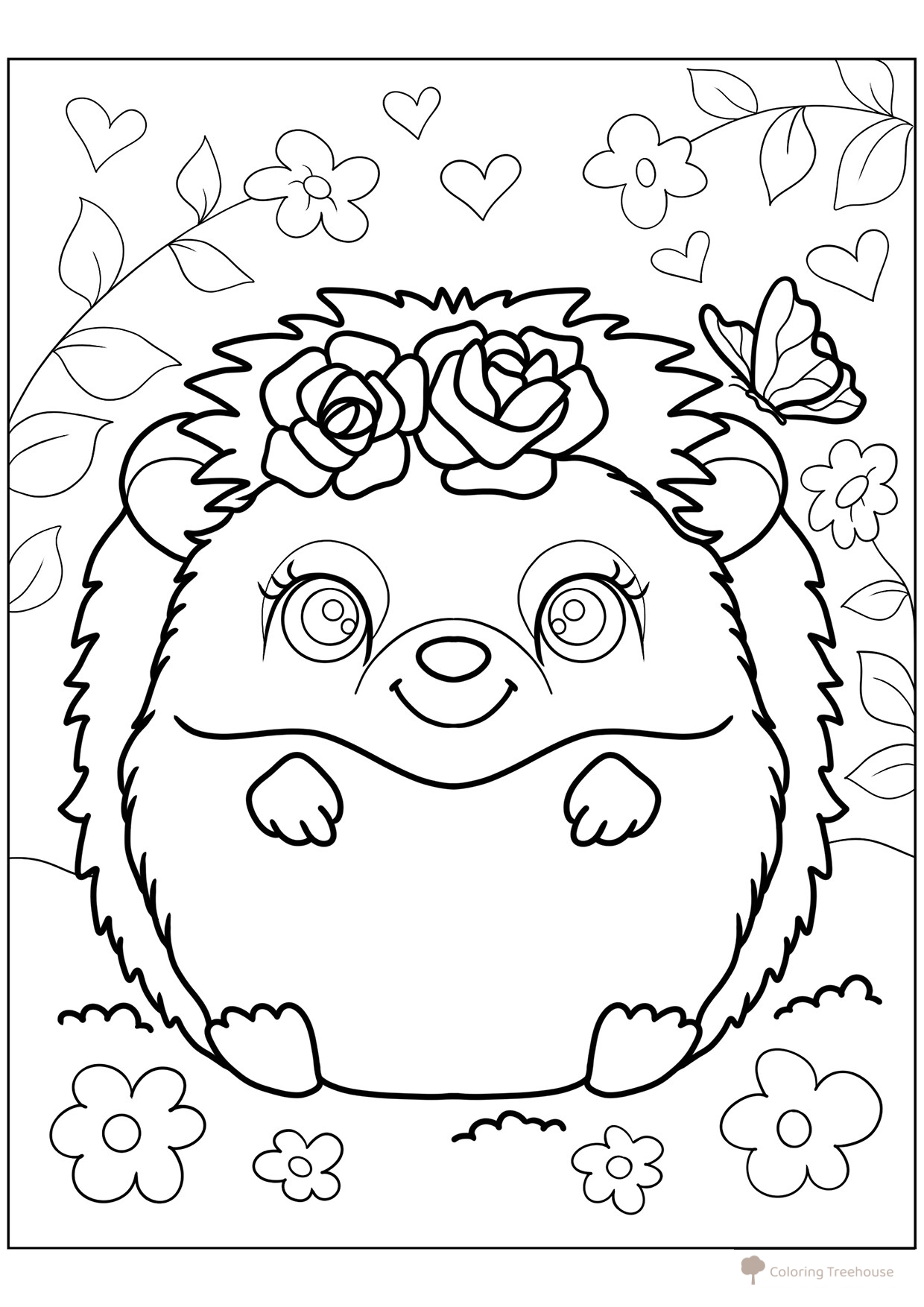 Cute Hedgehog and Roses Coloring Page free printable Cute Coloring Pages coloring page