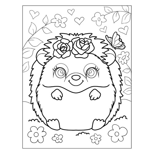 Cute Hedgehog and Roses Coloring Page free printable Cute Coloring Pages coloring page