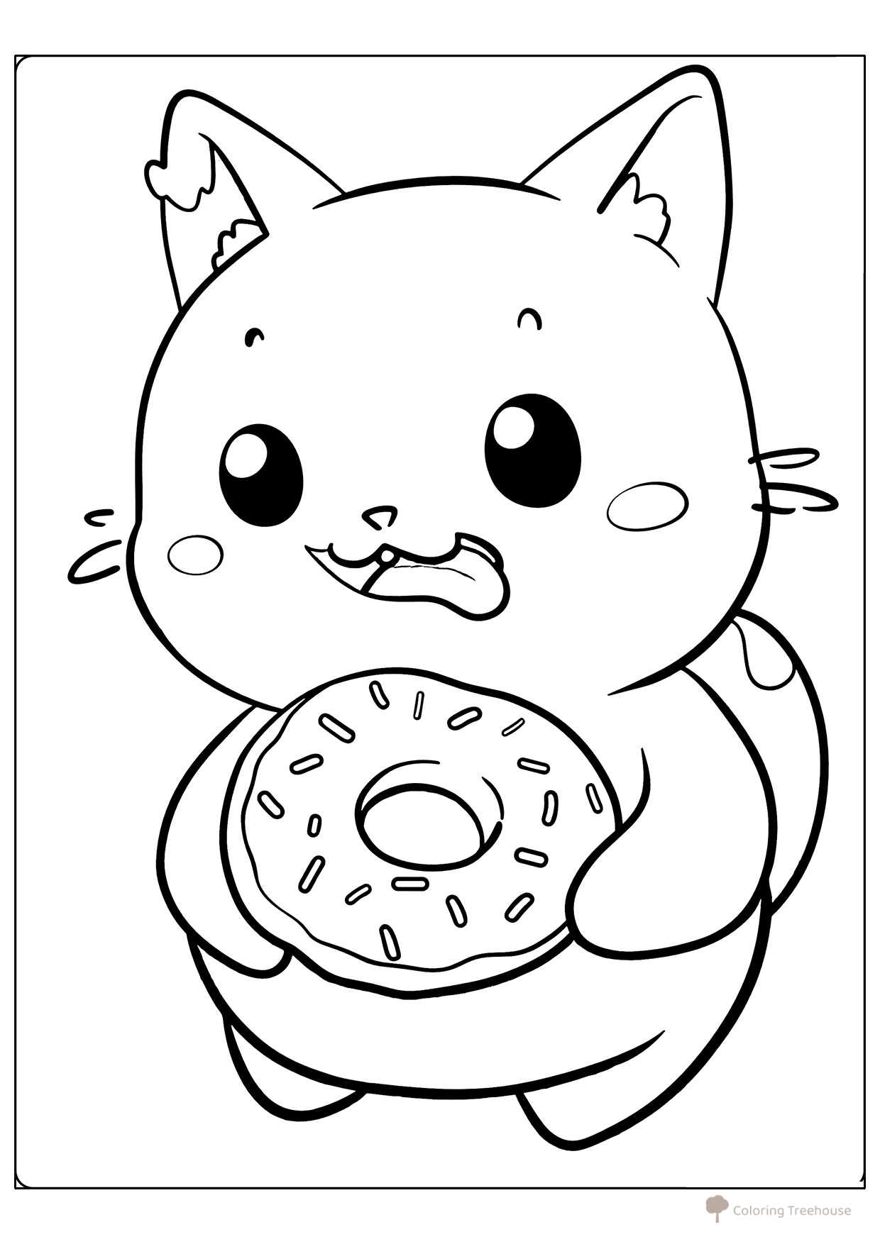 Cute Cat Eating a Donut Coloring Page free printable Cute Coloring Pages coloring page