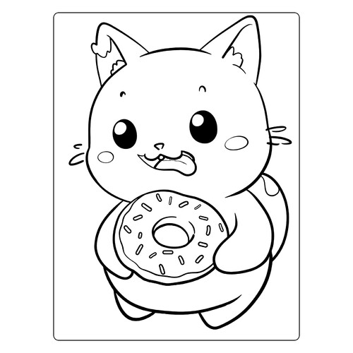 Cute Cat Eating a Donut Coloring Page free printable Cute Coloring Pages coloring page